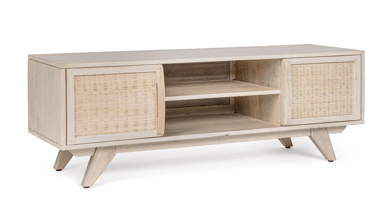 TV-Board Sahana aus Mangoholz, klassischer Stil, Rattan-Türen, natur, 128 cm breit