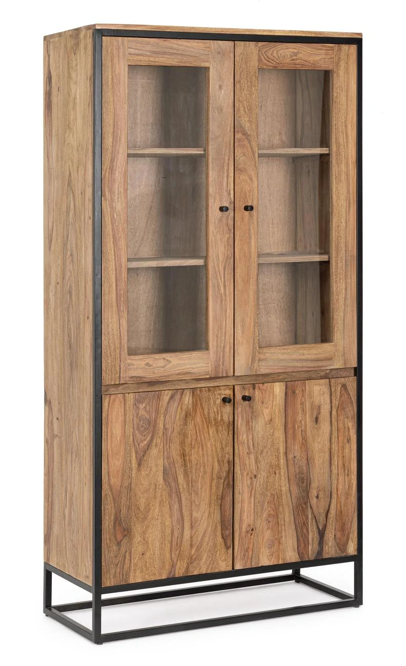 Vitrine aus Sheesham-Holz, modernes Design, natur, Metallgestell, 88 cm breit