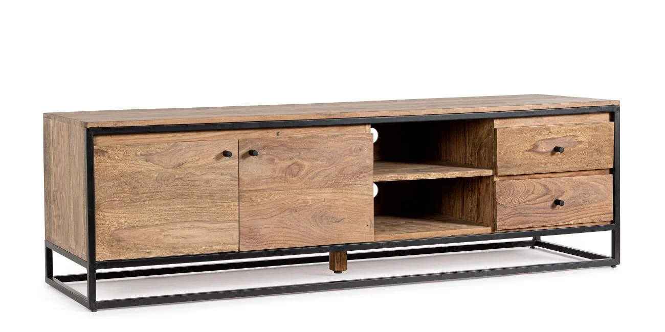 TV-Board Nartan aus Sheesham-Holz, modernes Design, natur, Metallgestell, 175 cm
