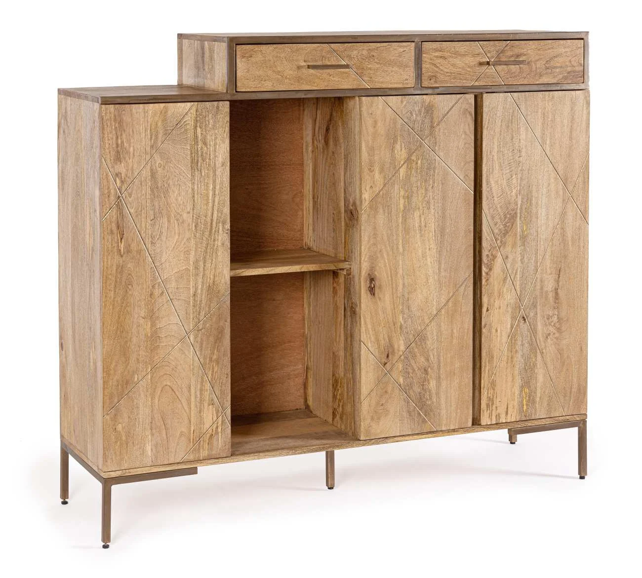 Highboard Jaidev aus Mangoholz, modernes Design, natur, goldene Metallbeine, 145 cm breit - Bizzotto