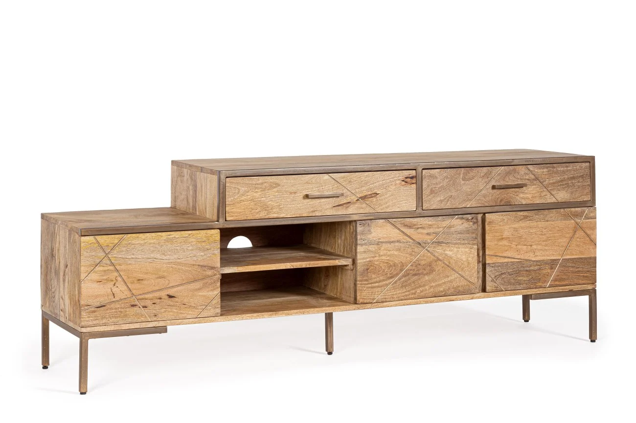 TV-Board Jaidev aus Mangoholz, modernes Design, natur, 175 cm, goldfarbene Details