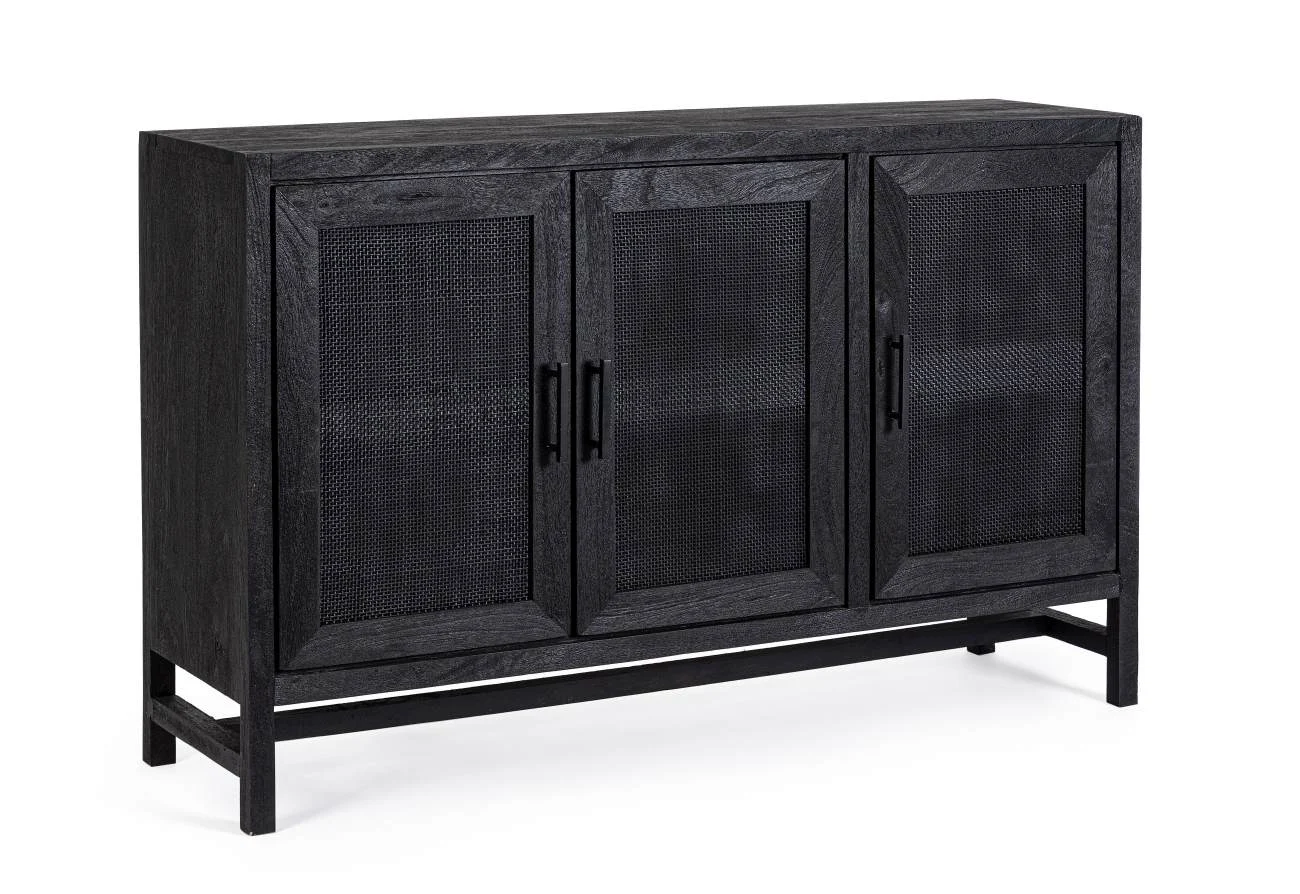 Sideboard Weston aus Mangoholz, modernes Design mit Rattan-Türen, schwarz, 125 cm, mit Magnetverschluss