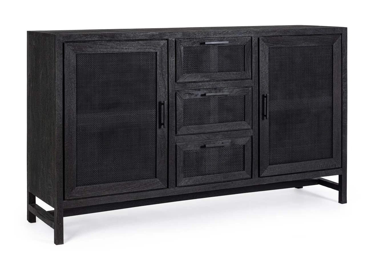 Sideboard Weston aus Mangoholz, modern massiv, Rattan-Details, Schwarz, 150 cm breit