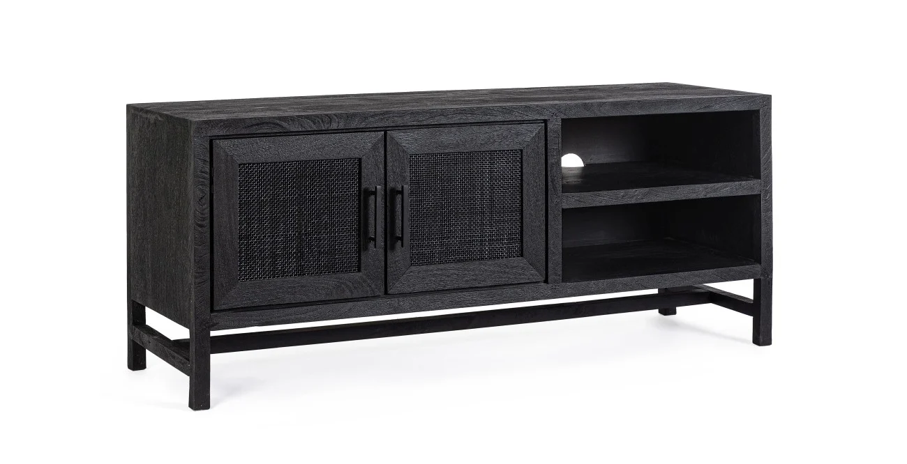 TV-Board Weston aus Mangoholz, modernes Design mit Rattan-Türen, schwarz, 130 cm