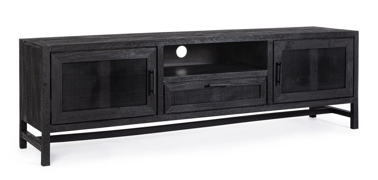 TV-Board Weston aus Mangoholz, modernes Design mit Rattanfront, schwarz, 180 cm breit