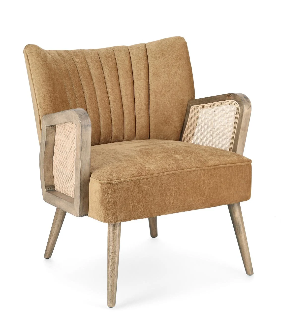 Sessel Virna aus Stoff, moderner skandinavischer Stil mit Rattan-Details, senfgelb, gepolstert