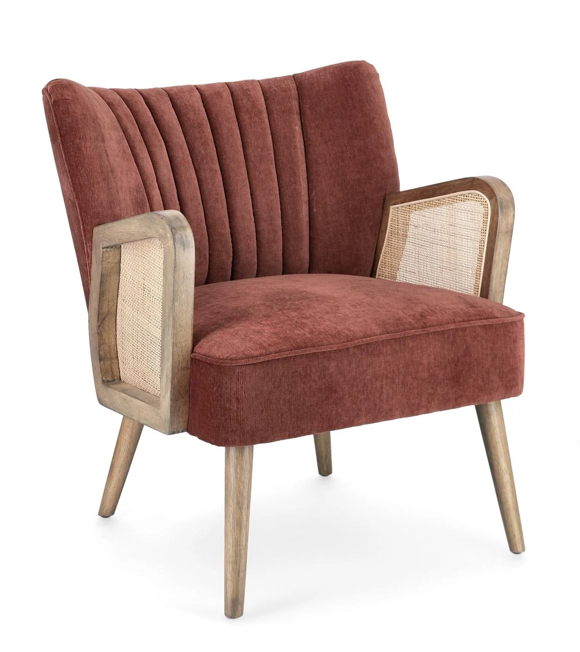 Sessel Virna aus Stoff, modernes Design mit Rattan-Armlehnen, skandinavisch, rot, komfortabel gepolstert