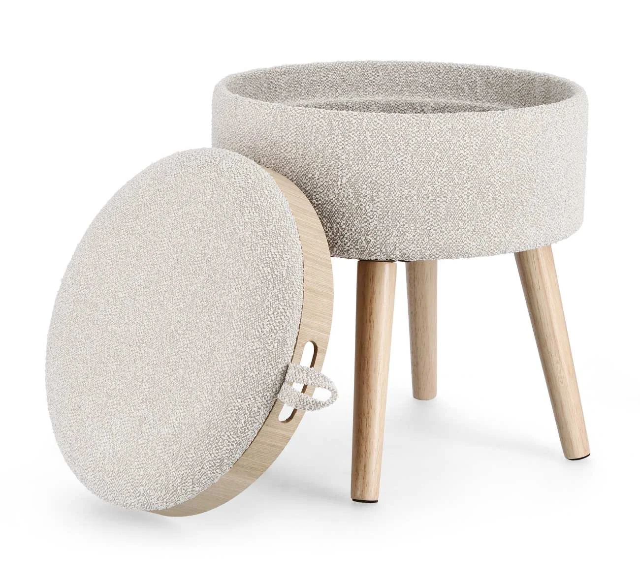 Hocker Zoya aus Bouclè-Stoff, modern mit Stauraum und Tablett, hellgrau, rund, von Bizzotto