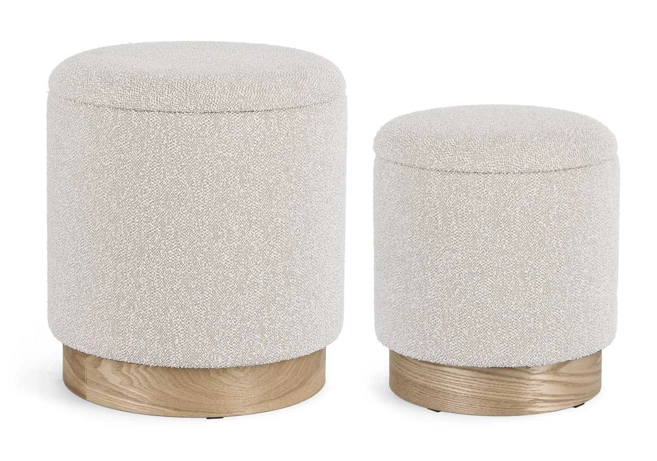 Pouf Zoya 2er-Set aus Stoff, modern mit Stauraum, hellgrau, Runddesign, gepolstert