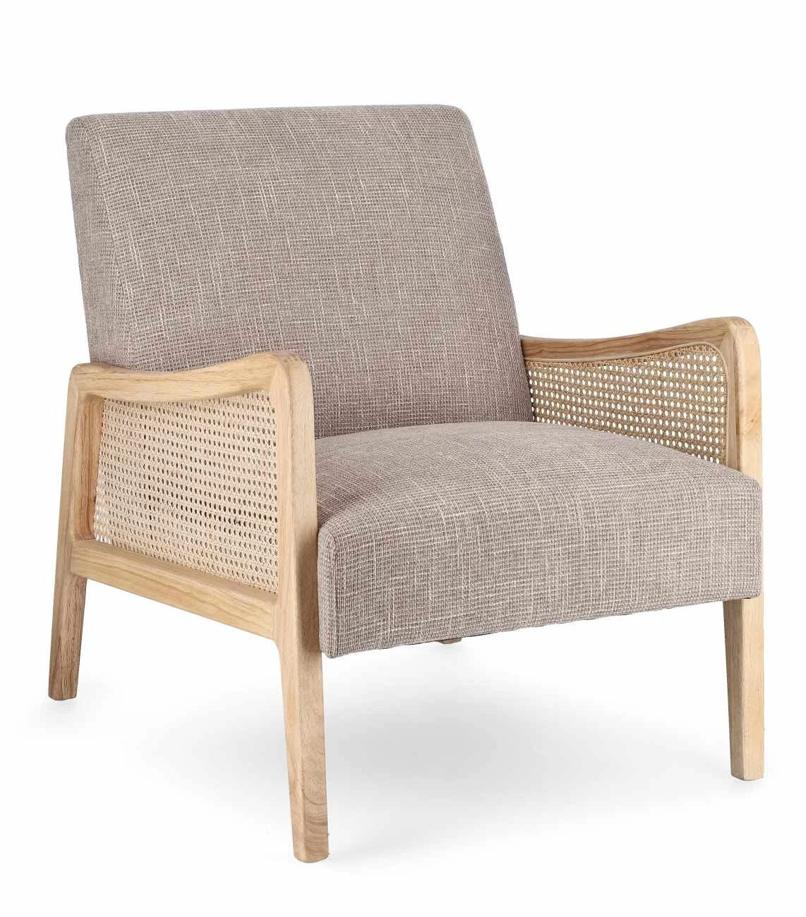 Sessel Deanna aus Stoff, skandinavisches Design mit Rattan-Armlehnen, taupe, bequem gepolstert
