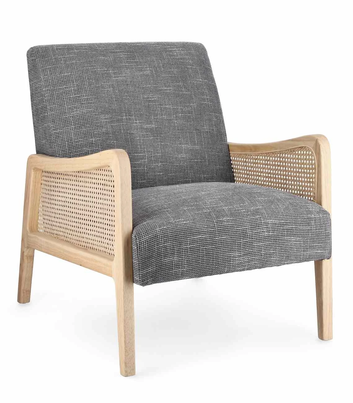 Sessel Deanna aus Stoff, skandinavisches Design mit Rattan-Armlehne, grau, gepolstert