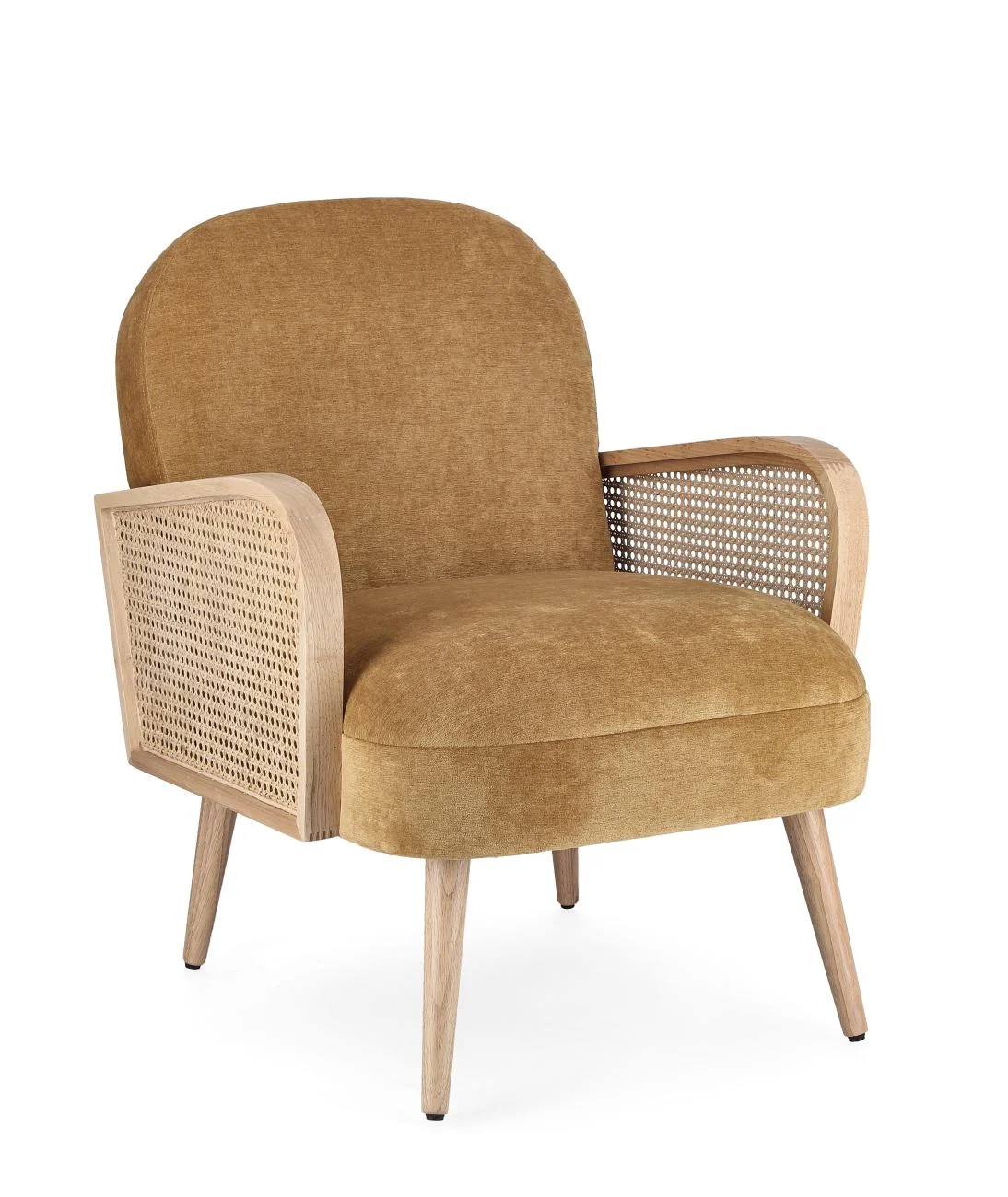 Sessel Dalida aus Stoff, skandinavischer Stil mit Rattan-Armlehnen, Senfgelb, bequem gepolstert