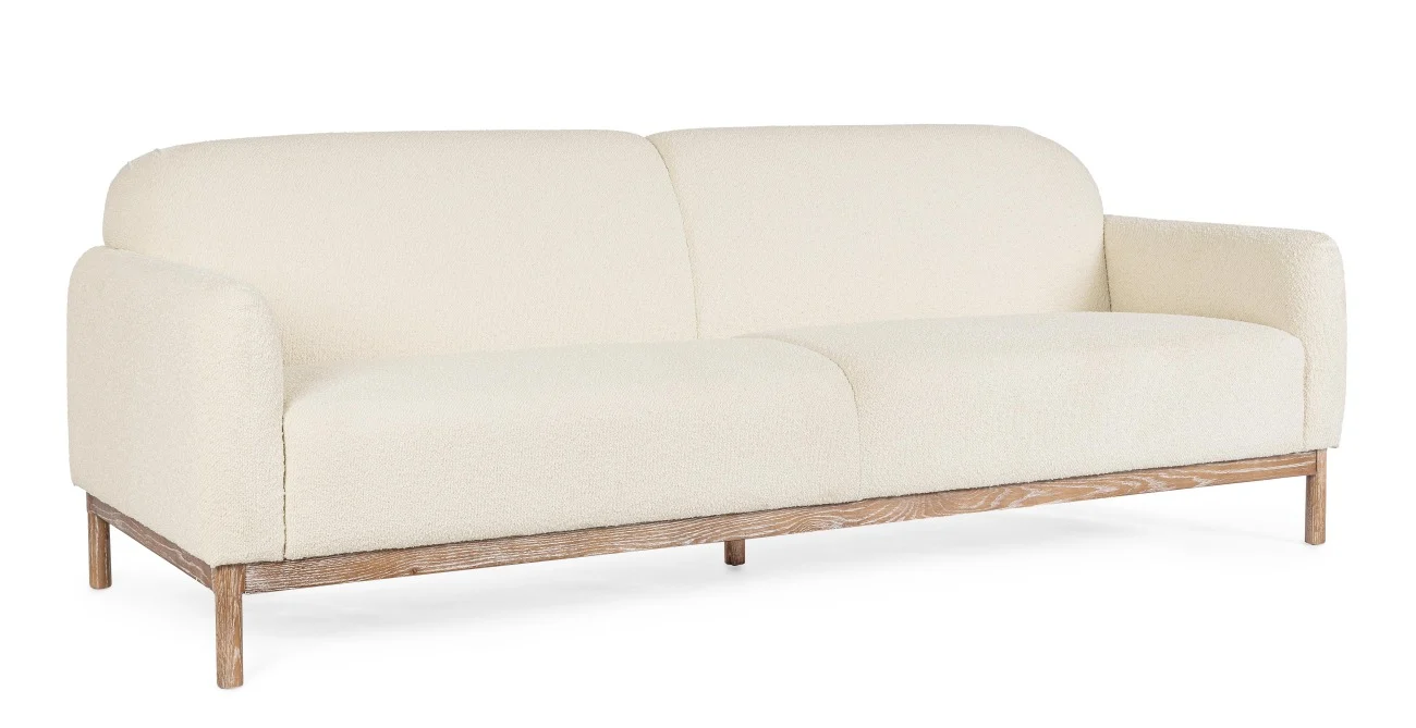 Sofa Detroit aus Bouclè-Stoff, skandinavischer Stil, cremefarben, Eschenholz-Gestell, 3–4 Sitzplätze