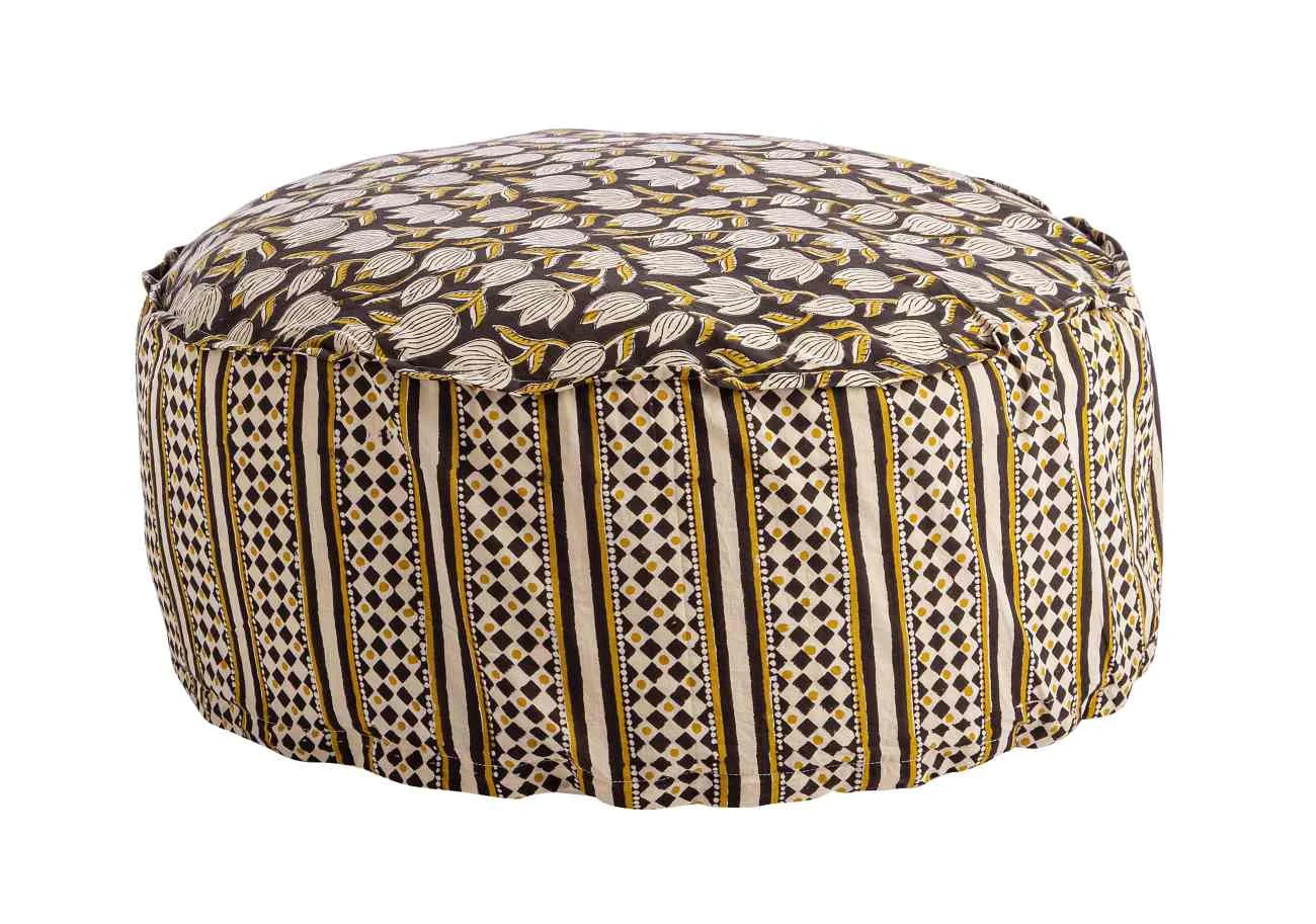 Pouf Calais aus Baumwolle, klassischer Stil, rund, braun bunt, abziehbarer Bezug - Bizzotto