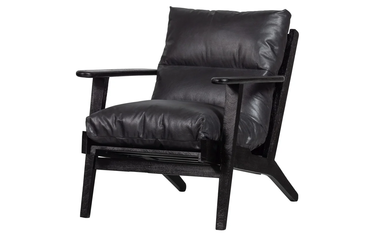 Sessel Houston aus Leder, modern, schwarz, glatter Bezug, stabiles Akazienholzgestell - Woood