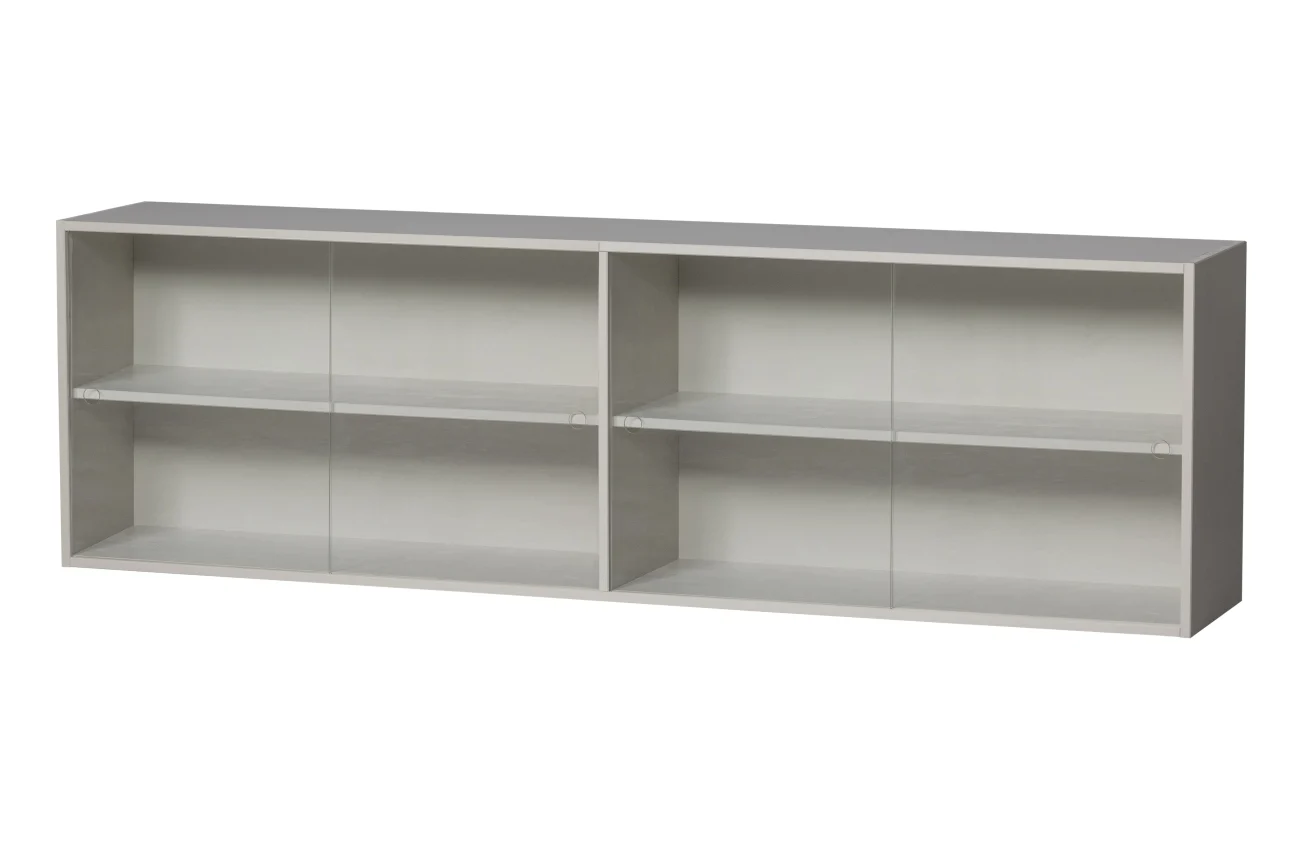 Aufsatzschrank für TV Board Klink Kiefer und Glas, modern, hellgrau nebel, mit Schiebetüren und vier Fächern - Woood