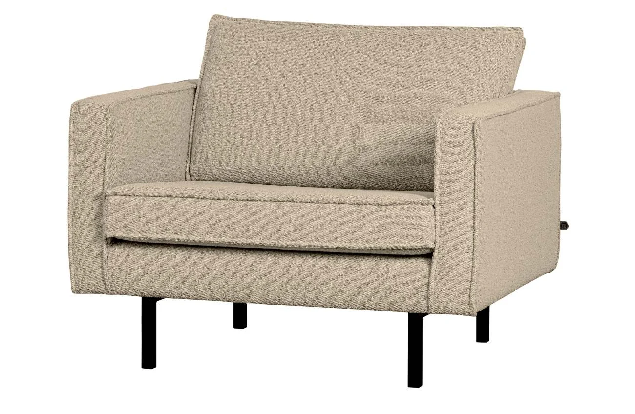 Sessel Rodeo aus Bouclé-Stoff, modernes Design, beige, gemütlich gepolstert, Metallgestell