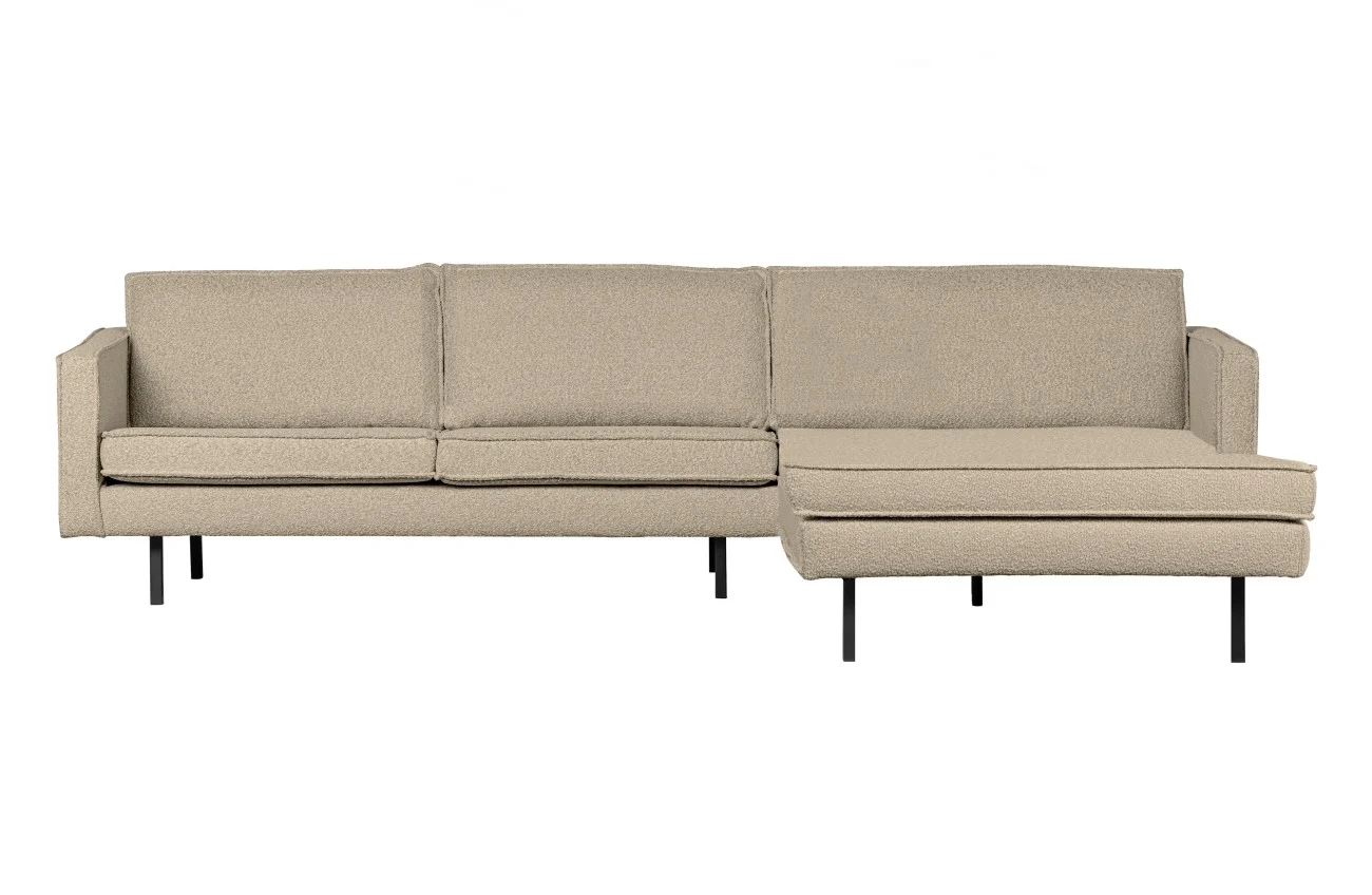 Chaiselongue Rodeo Bouclé, modernes Ecksofa rechts, Beige, weicher Stoff, Metallgestell - Woood