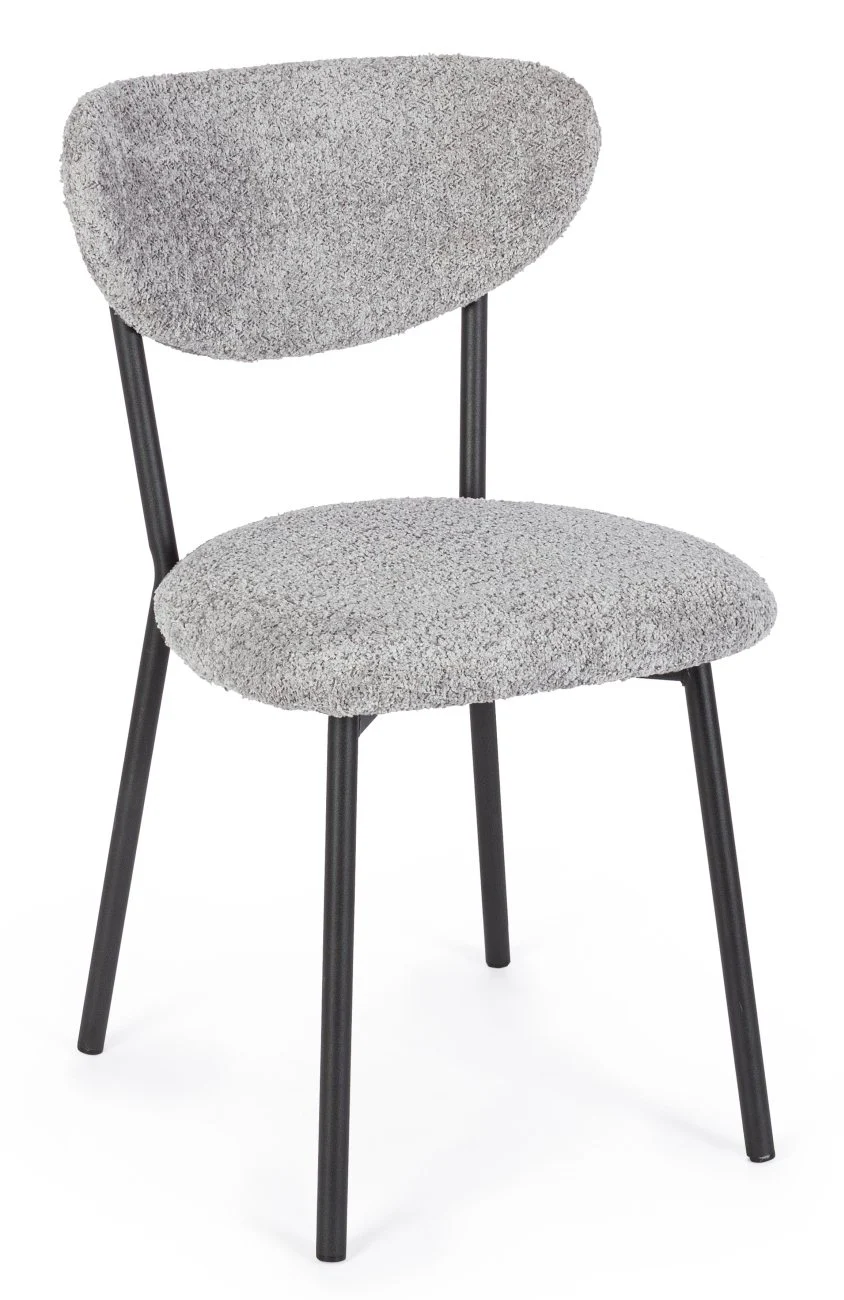 Esszimmerstuhl Ludmilla aus Boucle-Stoff, modern gepolstert, grau, Metallgestell schwarz