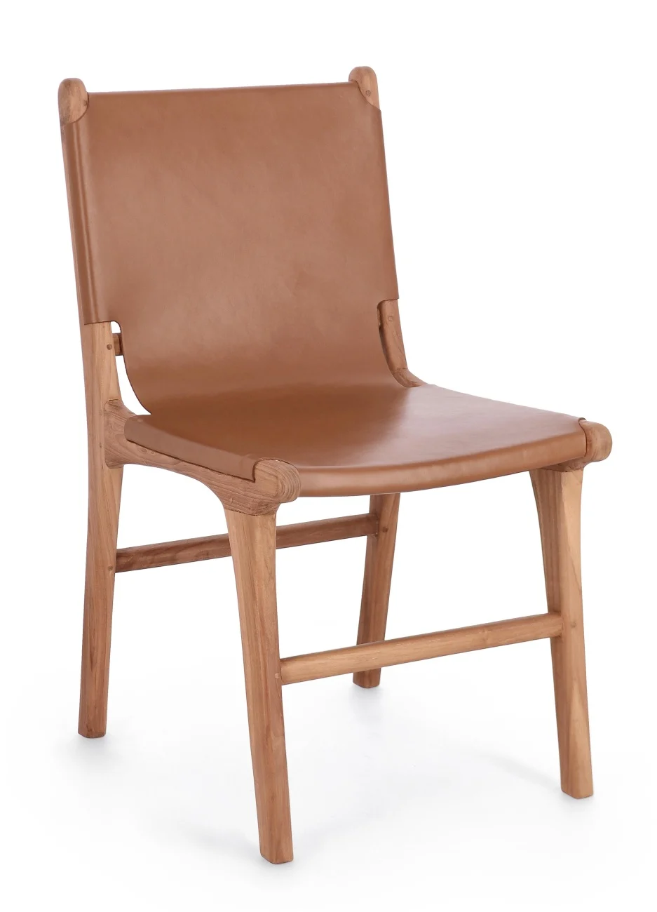 Esszimmerstuhl Eugenie aus Leder, skandinavischer Retro Chic, Cognac, Teakholz-Gestell