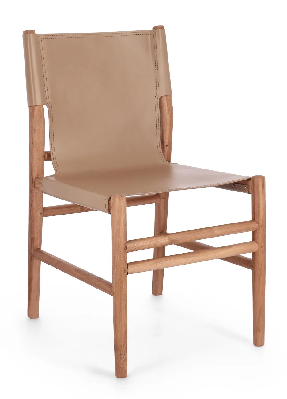 Esszimmerstuhl Caroline aus Leder, Teakholz-Gestell, skandinavischer Stil, Taupe