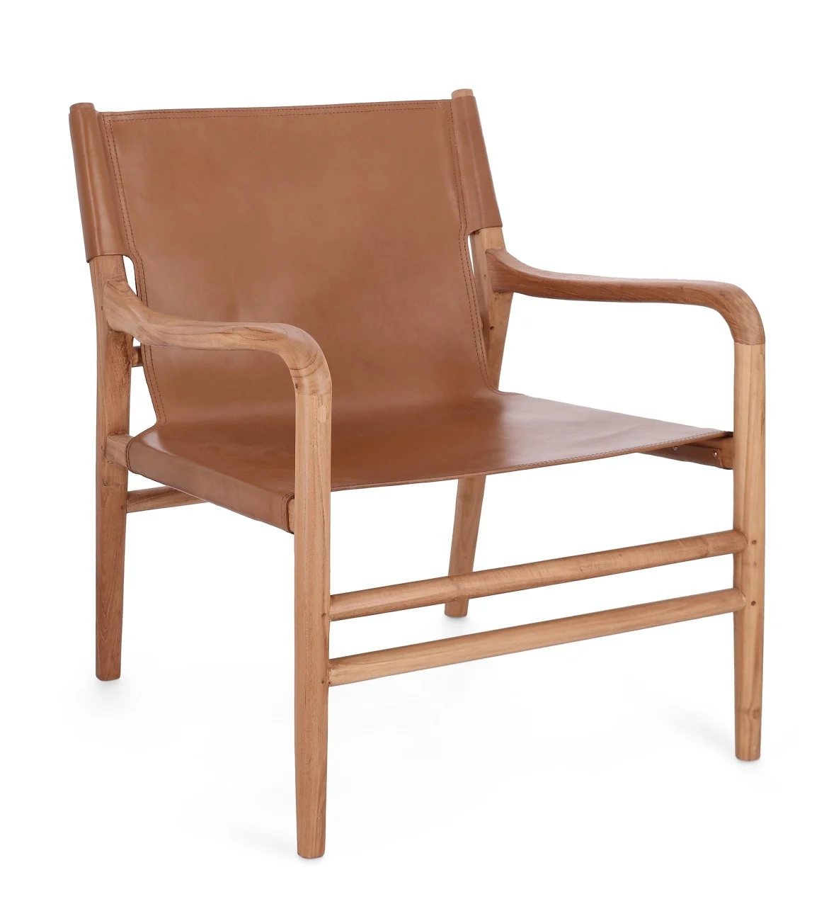 Sessel Caroline aus Teakholz, skandinavischer Stil, Leder Cognac, natürlicher Look - Bizzotto