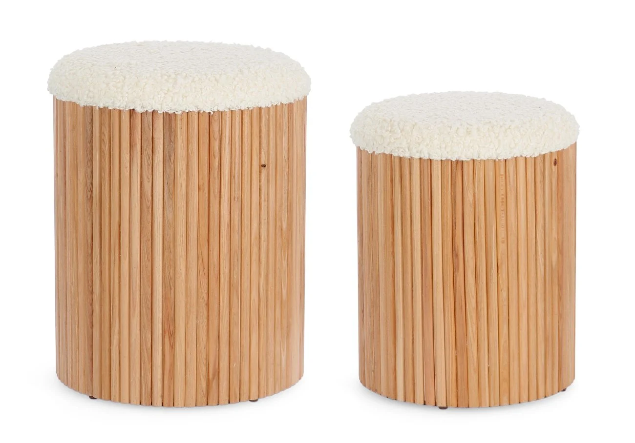 Pouf Neda 2er-Set aus Kiefernholz, skandinavisches Design mit Stauraum, natur-weiß, rund gepolstert