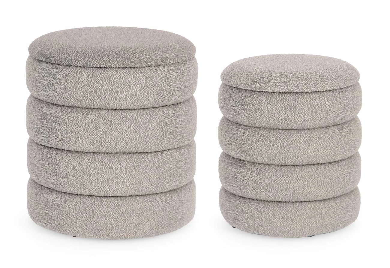 Pouf Katerina 2er-Set aus Boucle-Stoff, rundes Design mit Stauraum, hellgrau, weich gepolstert