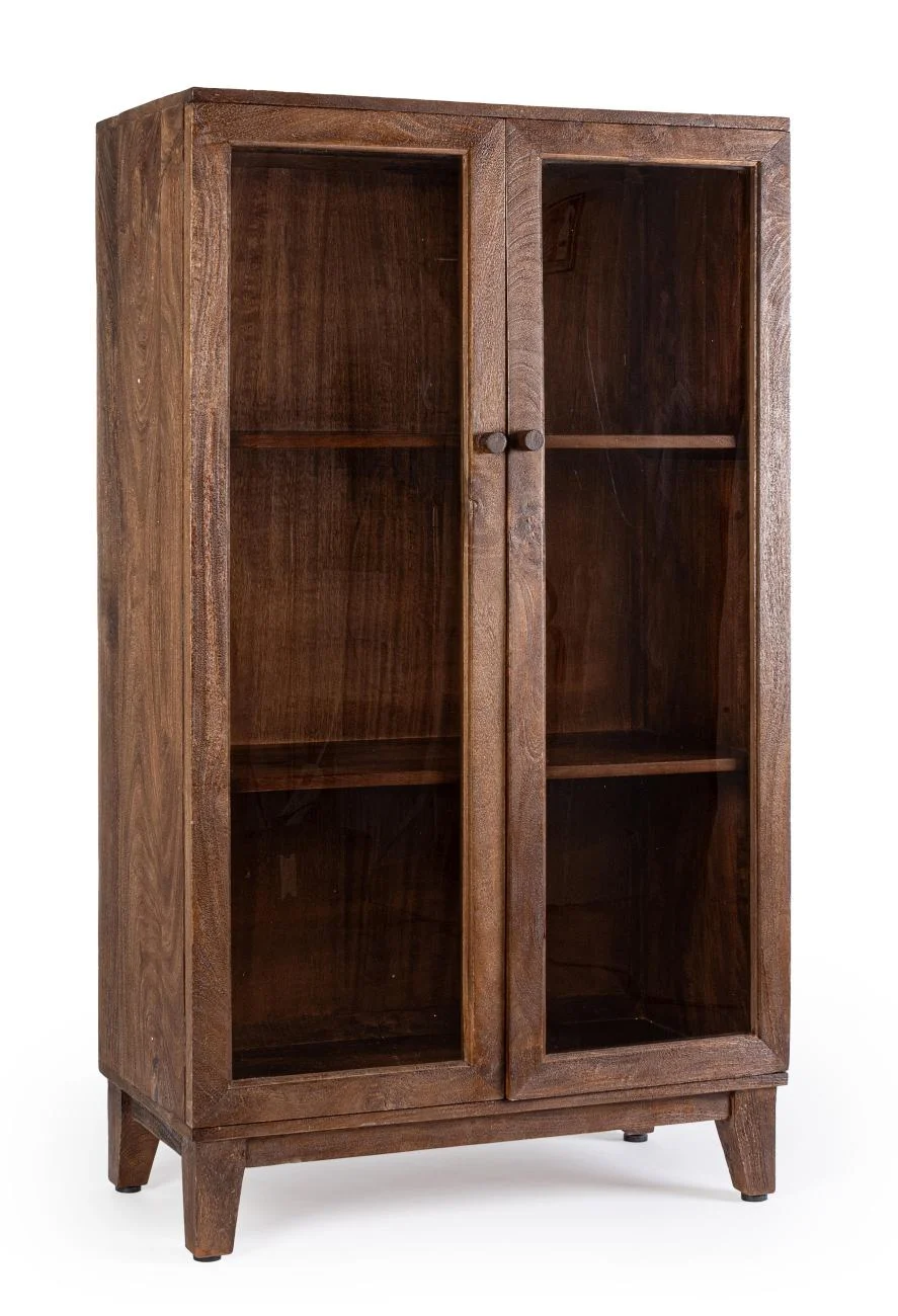 Highboard Remington aus Mangoholz, klassischer Stil, Natur, Glastüren, 80x40x140 cm - Bizzotto