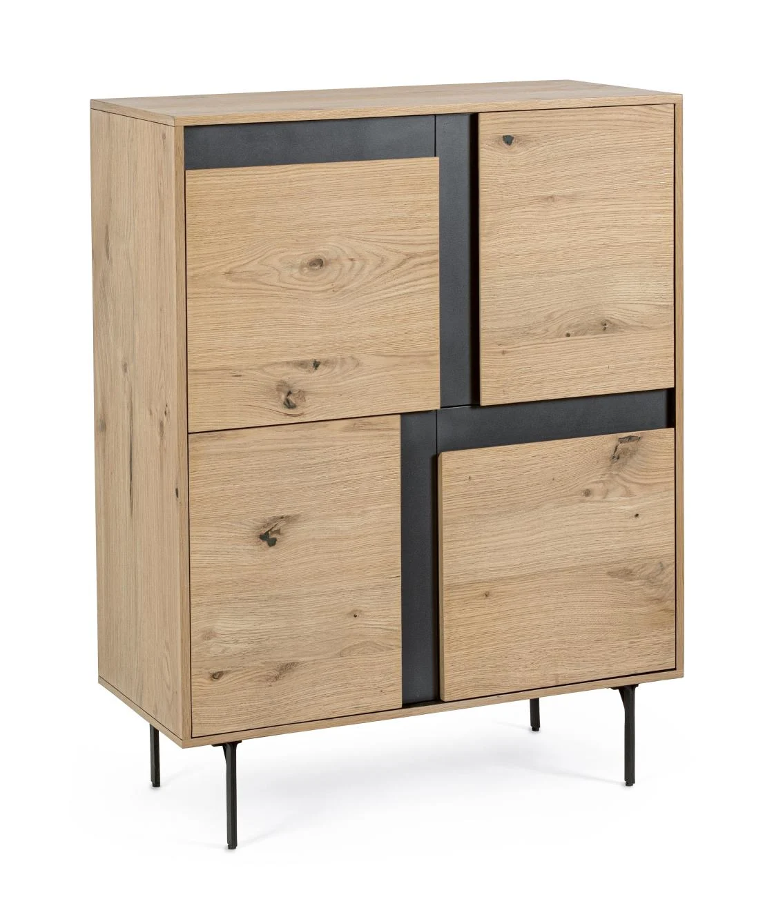 Highboard Stanwood aus Eichenholz, modernes Design mit Metalleinsätzen, natur, 90 cm breit - Bizzotto