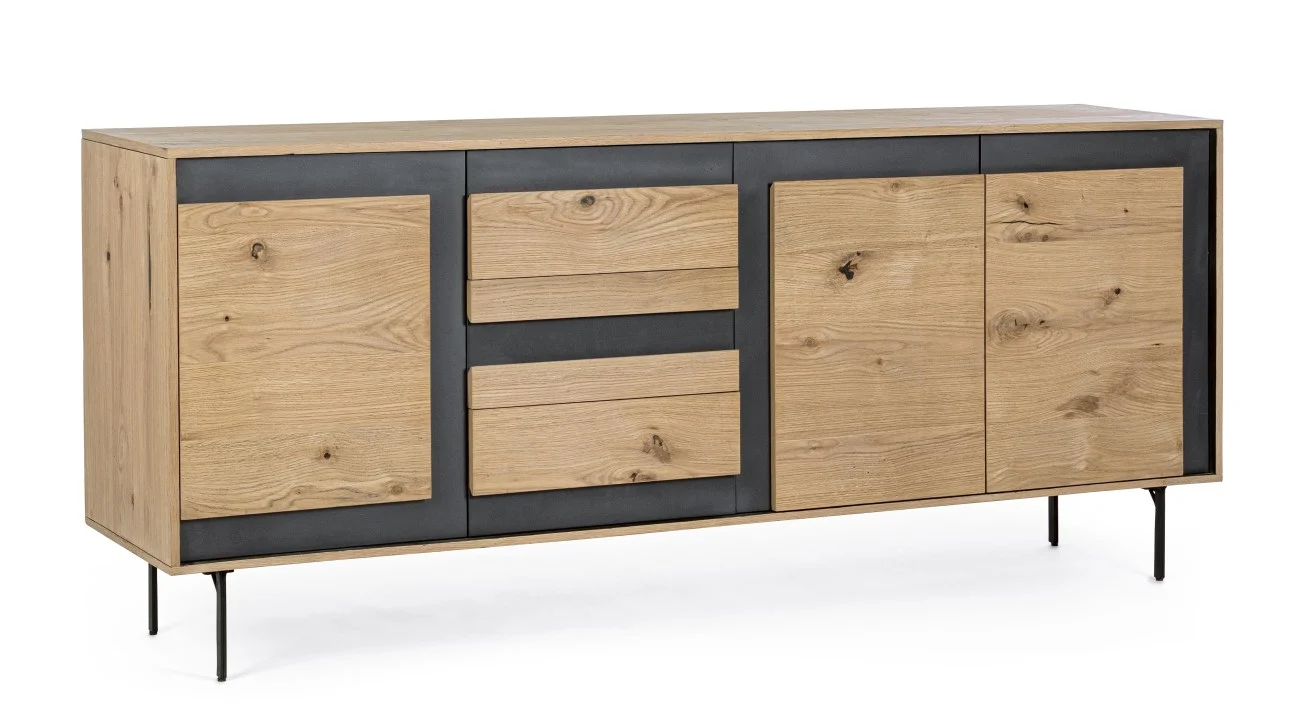 Sideboard Stanwood aus Eichenholz, modern, natur, 200 cm, schwarze Metallfüße, 3 Türen, 3 Schubladen - Bizzotto