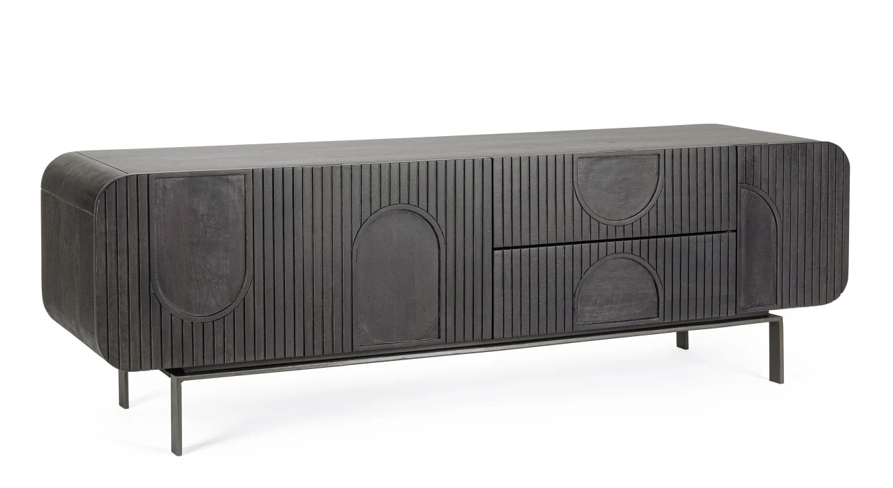 TV Board Orissa aus Mangoholz, modernes Design, Schwarz, 3 Türen, 2 Schubladen, 172 cm - Bizzotto