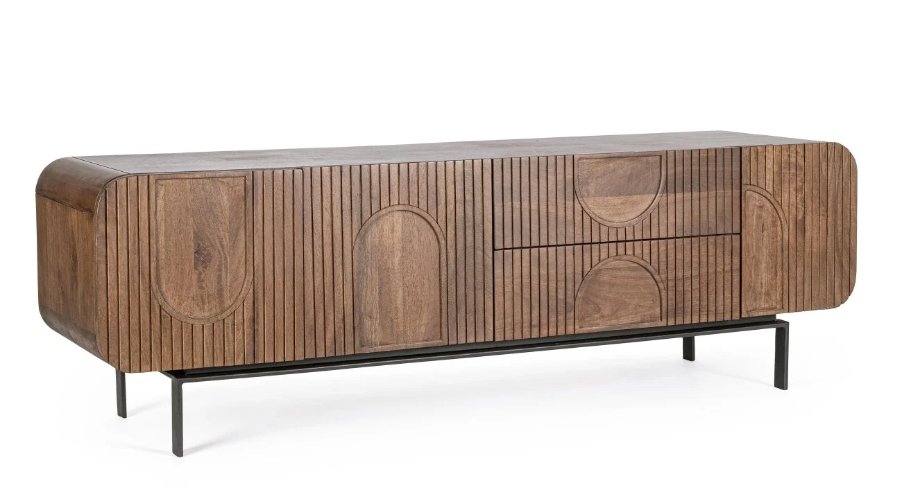 TV Board Orissa aus Mangoholz, modernes Design, Braun Natur, 172 cm Breite, Metallgestell - Bizzotto