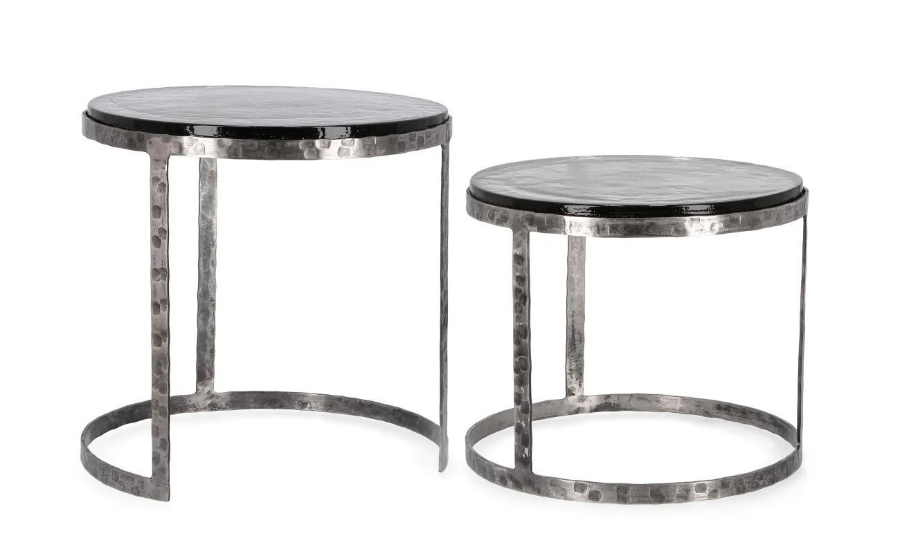 Beistelltisch Zayla 2er-Set Metall und Glas, modern rund, silber, handgefertigte Platte