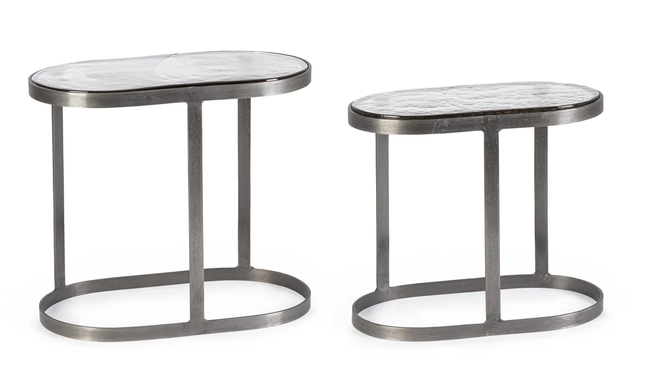 Beistelltisch Zayla 2er-Set aus Metall, modern oval mit Glasplatte, silber, handgefertigt