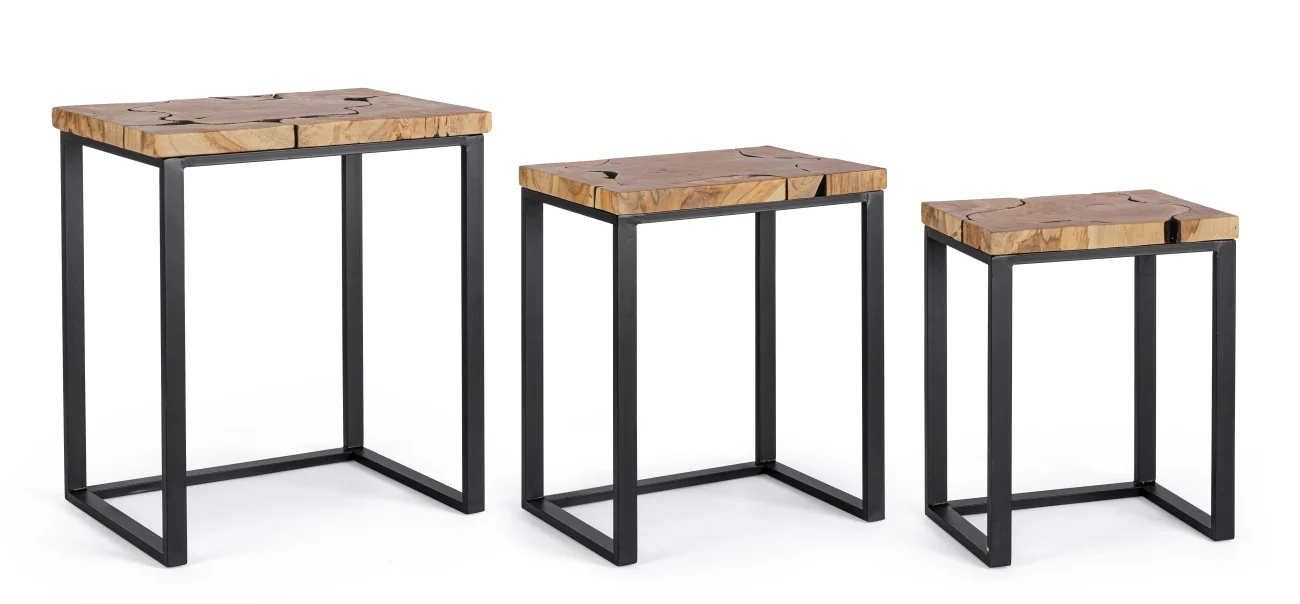 Beistelltisch Elwood 3er-Set aus Teakholz, modern und massiv, rechteckig, natur, schwarzes Metallgestell