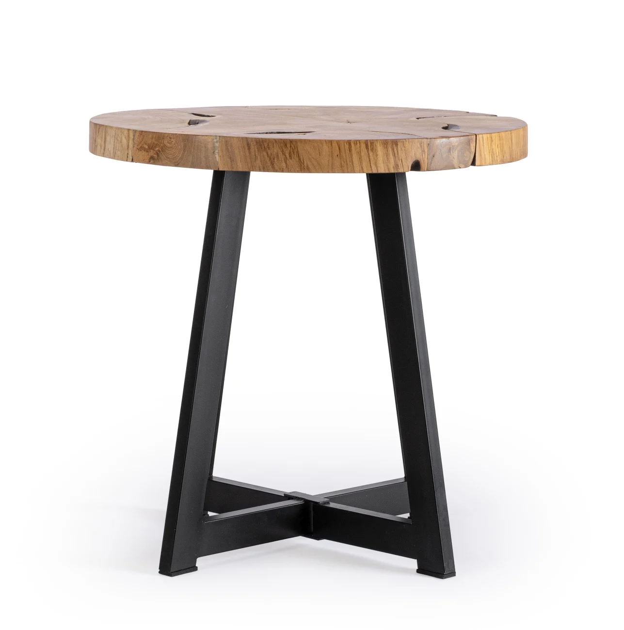 Couchtisch Elwood aus Teakholz, rundes Design, modern, Natur, Metallgestell schwarz, Ø 50 cm - Bizzotto