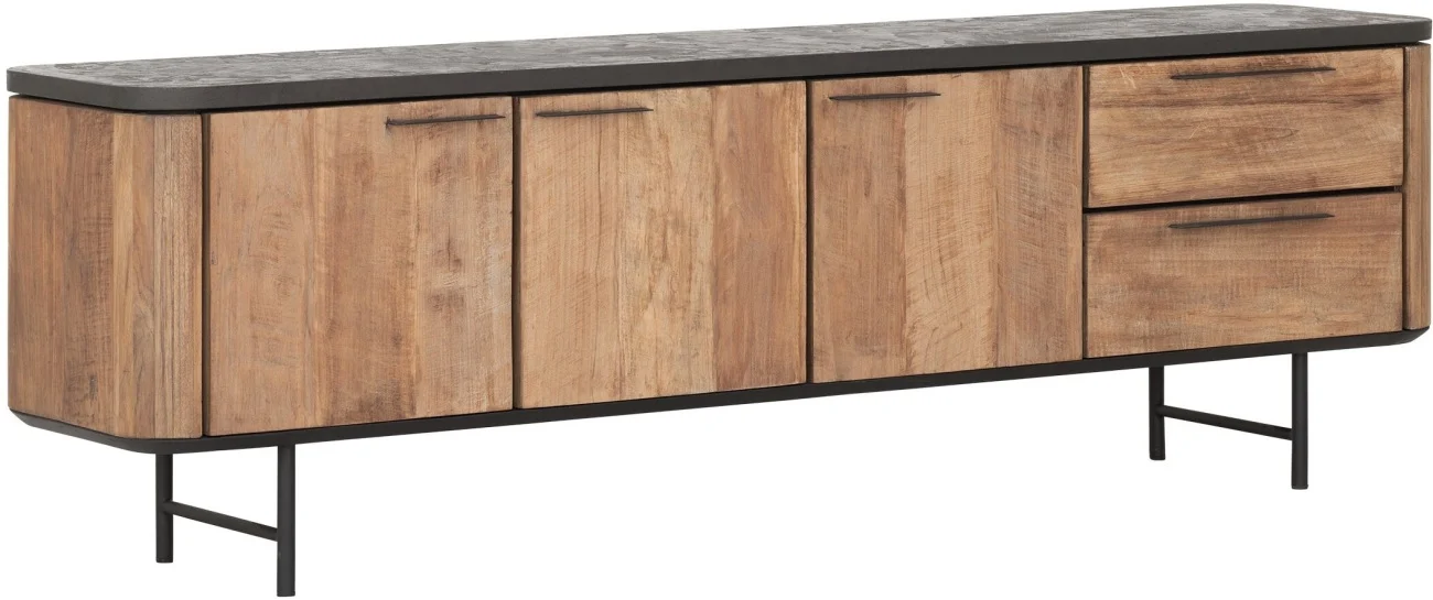TV Board Soho aus recyceltem Teakholz, modernes Massivholz Design, natur, 190 cm, schwarze Deckplatte - dtp Home