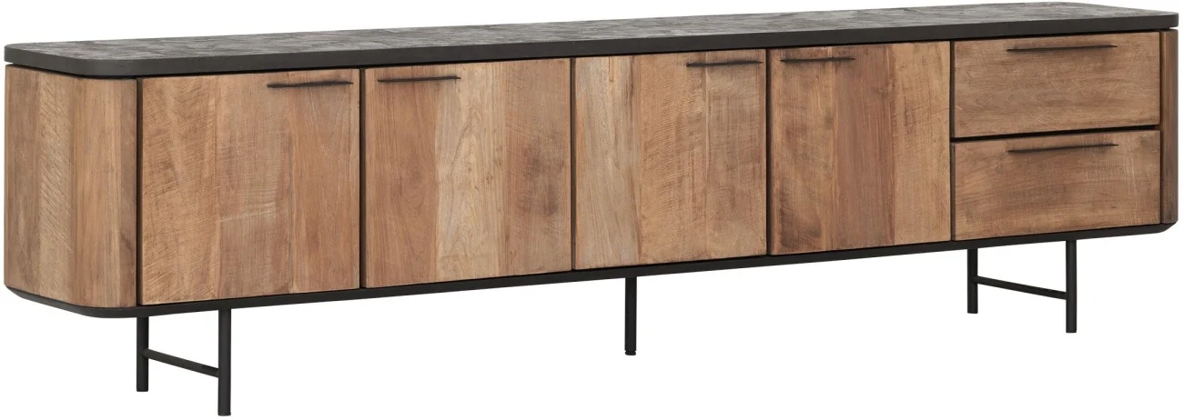 TV Board Soho aus recyceltem Teakholz, modern massiv, Natur Schwarz, 230 cm breit - dtp Home