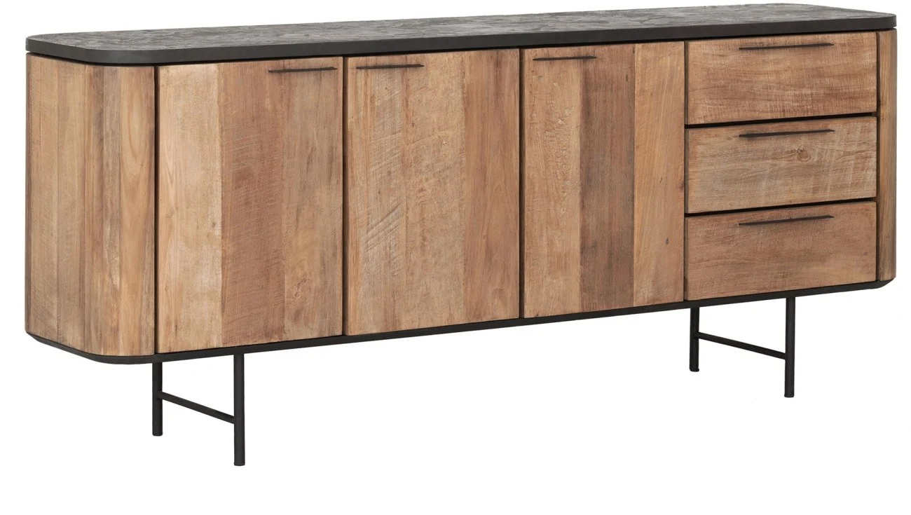 Sideboard Soho aus recyceltem Teakholz, modern massiv, Natur Schwarz, 200 cm, 3 Türen 3 Schubladen - dtp Home