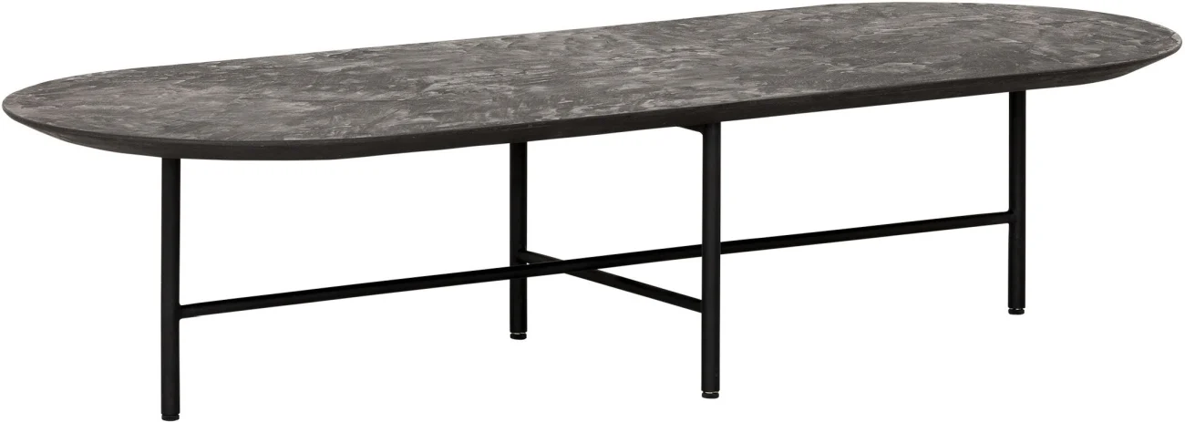 Couchtisch Soho aus recyceltem Teakholz, polierte Betonplatte, modern, schwarz, oval, 150x60 cm - dtp Home