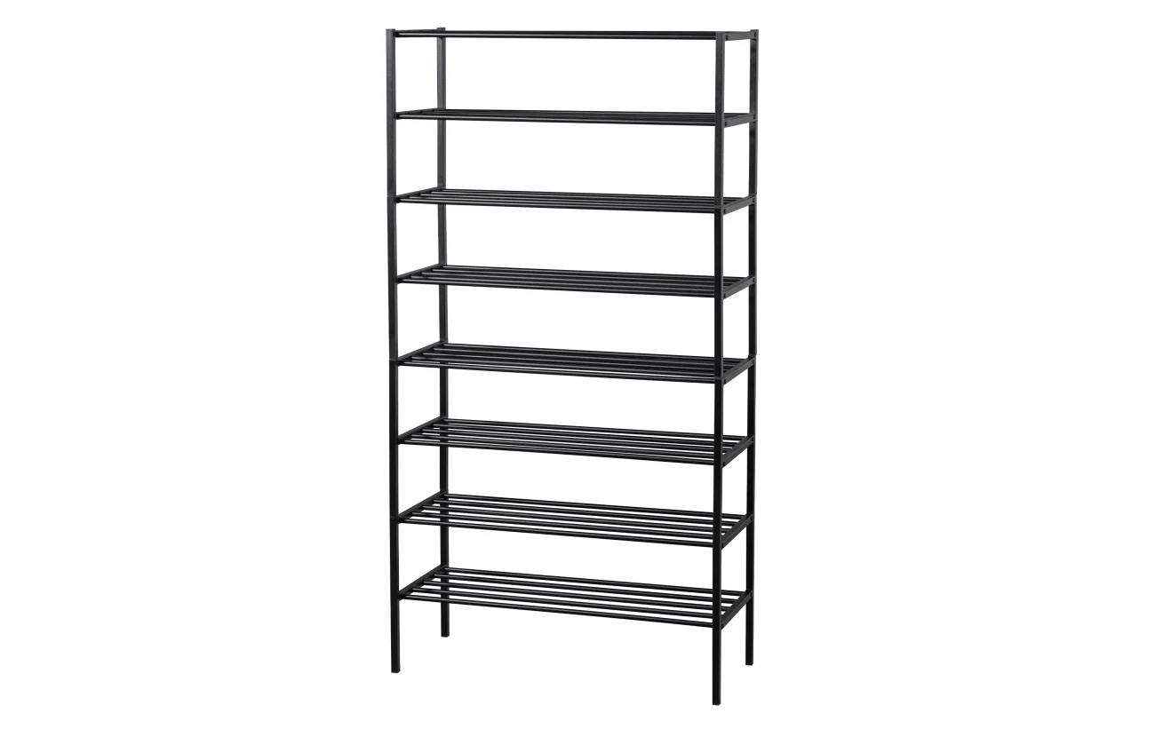 Schuhregal Ferro aus Metall, modernes Design, pulverbeschichtet, schwarz, 7 Fächer, 85x35x160 cm - Woood