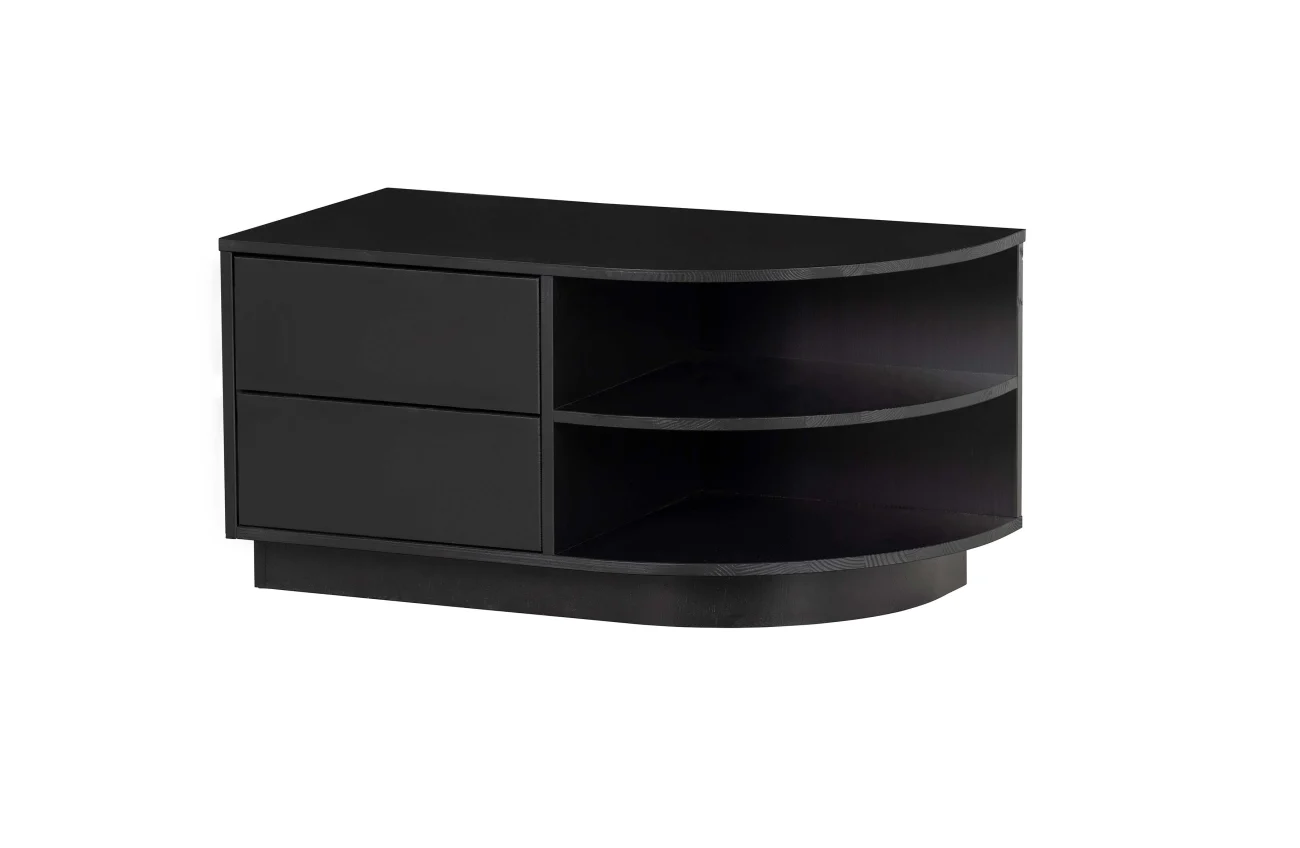 TV Board Finca aus Kiefernholz, modern, Schwarz, Runddesign rechts, Push-to-Open-System