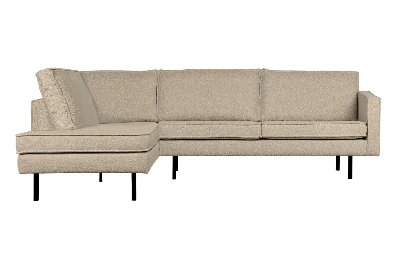 Ecksofa Rodeo aus Bouclé-Stoff, modern und linksseitig, beige, weiche Polsterung
