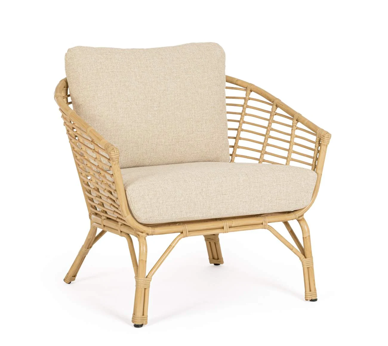 Gartensessel Mabel aus Rattan, Boho Stil, Natur, gepolsterte Kissen mit Sunproof Bezug - Bizzotto