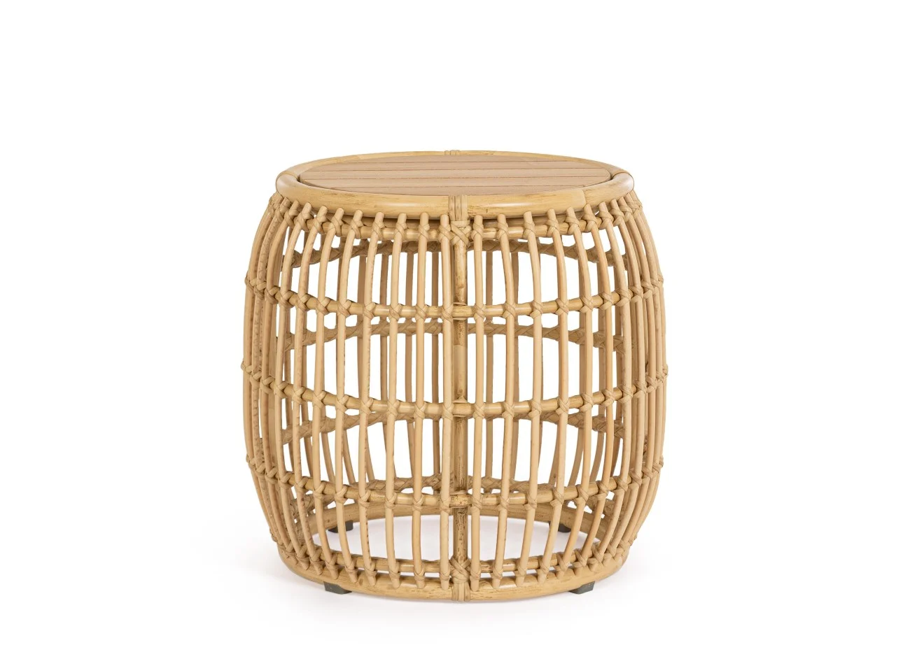 Gartenbeistelltisch Mabel aus Rattan, Boho Stil, naturfarben, Teakholzplatte für draußen - Bizzotto