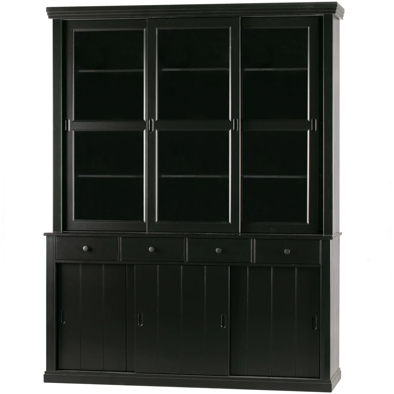 Buffetschrank Lagos aus Kiefernholz, klassischer Landhausstil, Schwarz, mit Schiebetüren und Glasfront - Woood