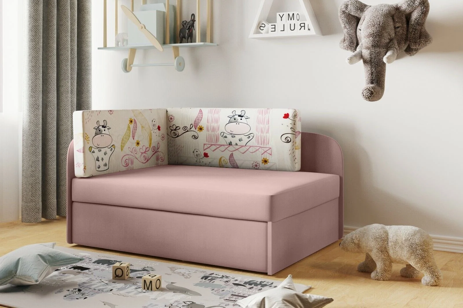 Kinderbett Kindersofa mit Schlaffunktion und Bettkasten, wachsendes Bett WINNIE Rosa - Jugendbett
