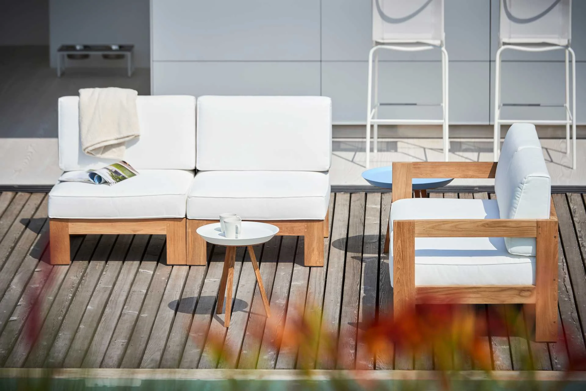 Modulsofa Arki Eckelement aus recyceltem Teakholz, moderner Stil, gepolstert, Weiß - Jan Kurtz