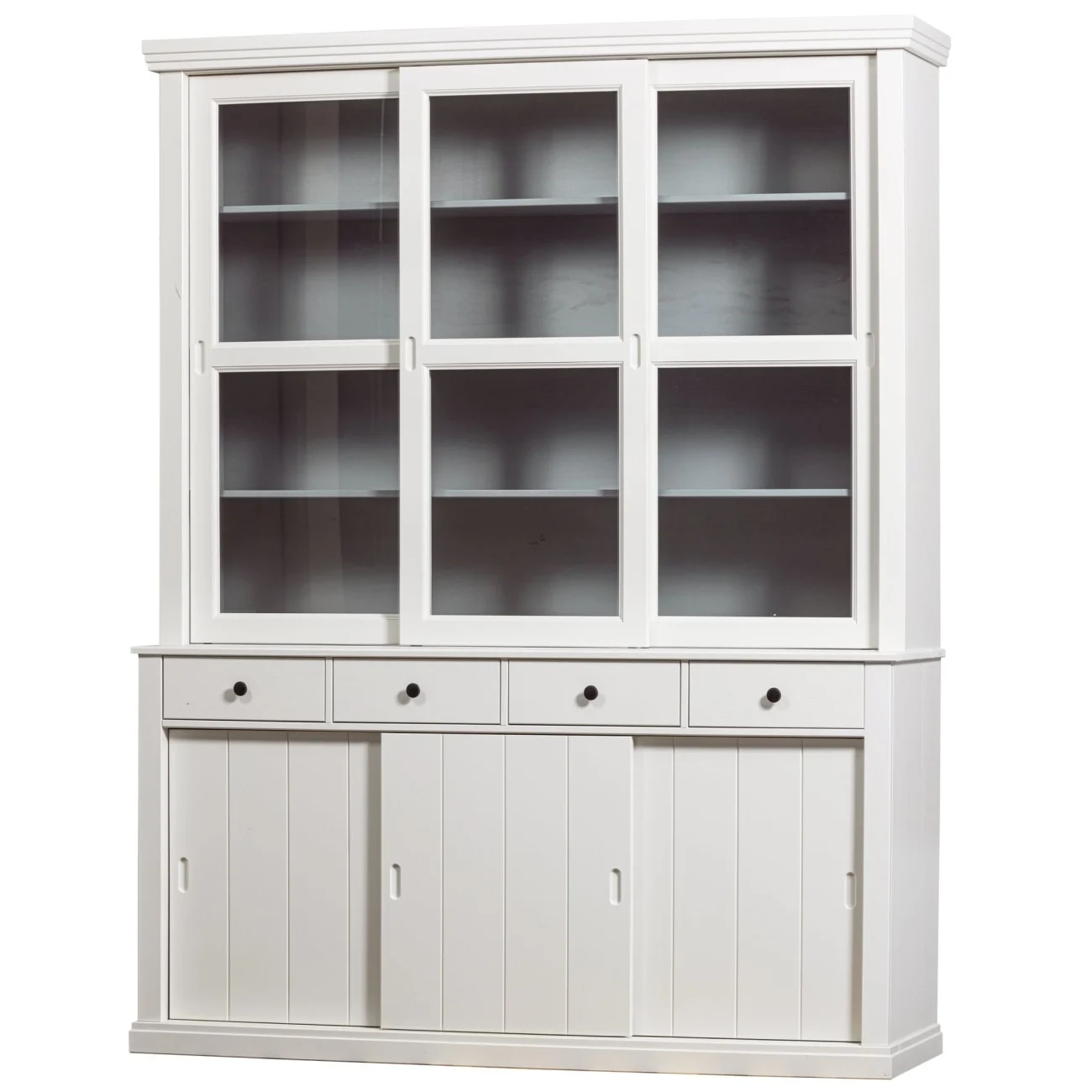 Buffetschrank Lagos aus Kiefernholz, klassischer Landhausstil, weiß lackiert, mit Glastüren und Schiebetüren - Woood